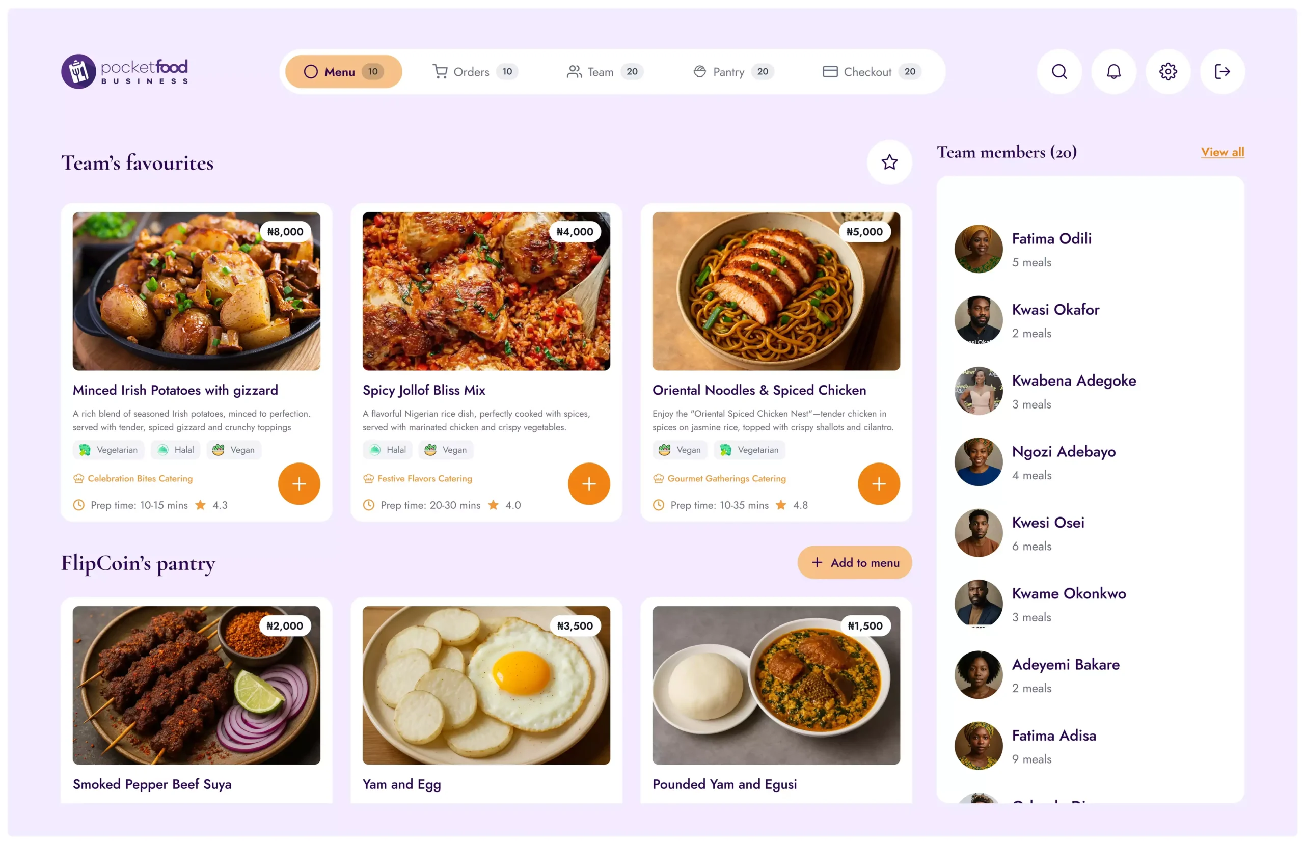 Pocketfood dashboard preview